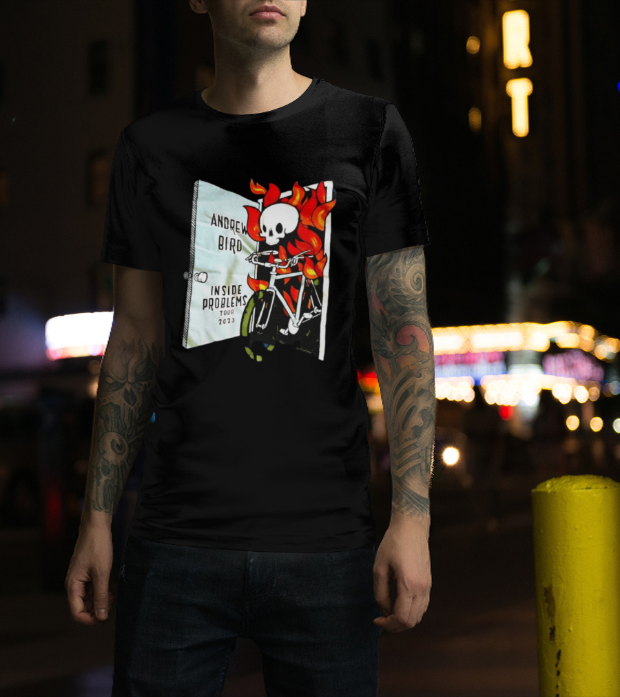 Andrew Bird Inside Problems Tour 2023 Flaming Skeleton On Bicycle T-Shirt