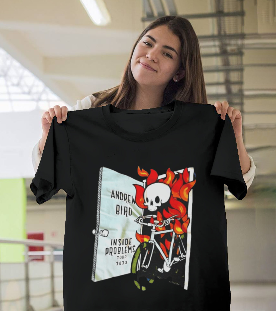 Andrew Bird Inside Problems Tour 2023 Flaming Skeleton On Bicycle T-Shirt