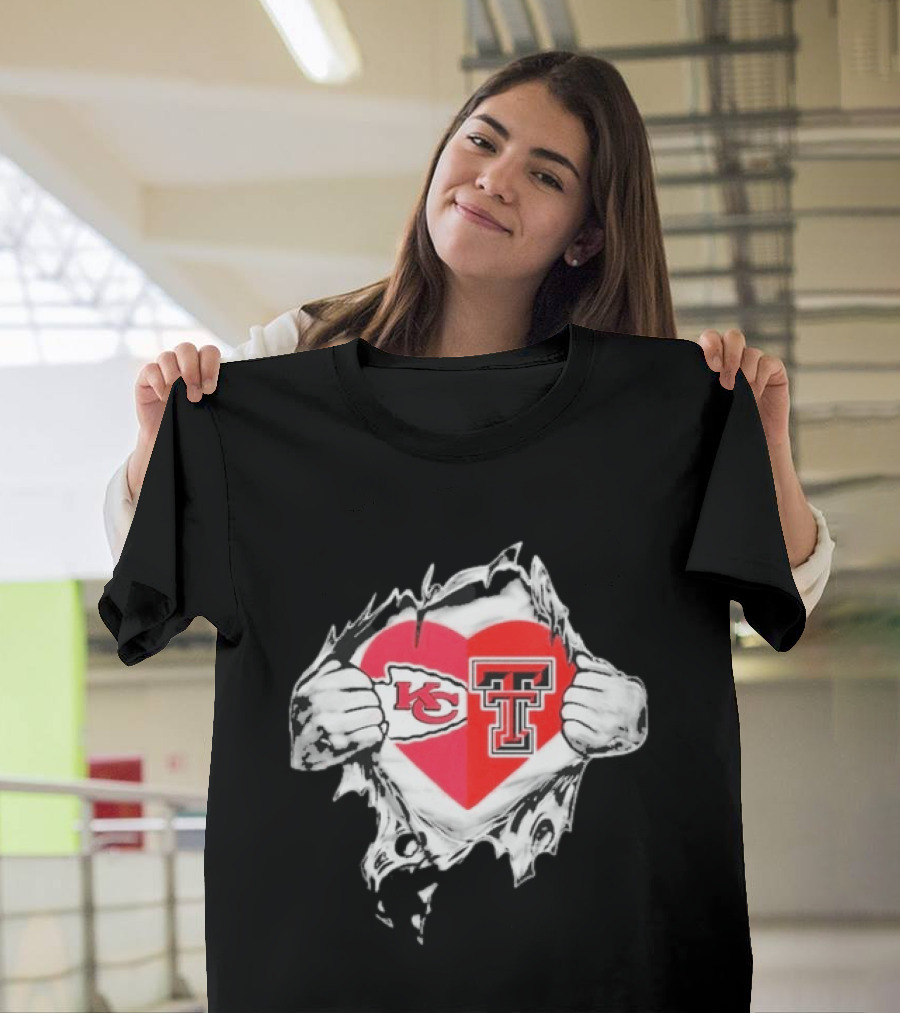 Chiefs Texas Tech Red Raiders Heart Emblem Torn Reveal T-Shirt