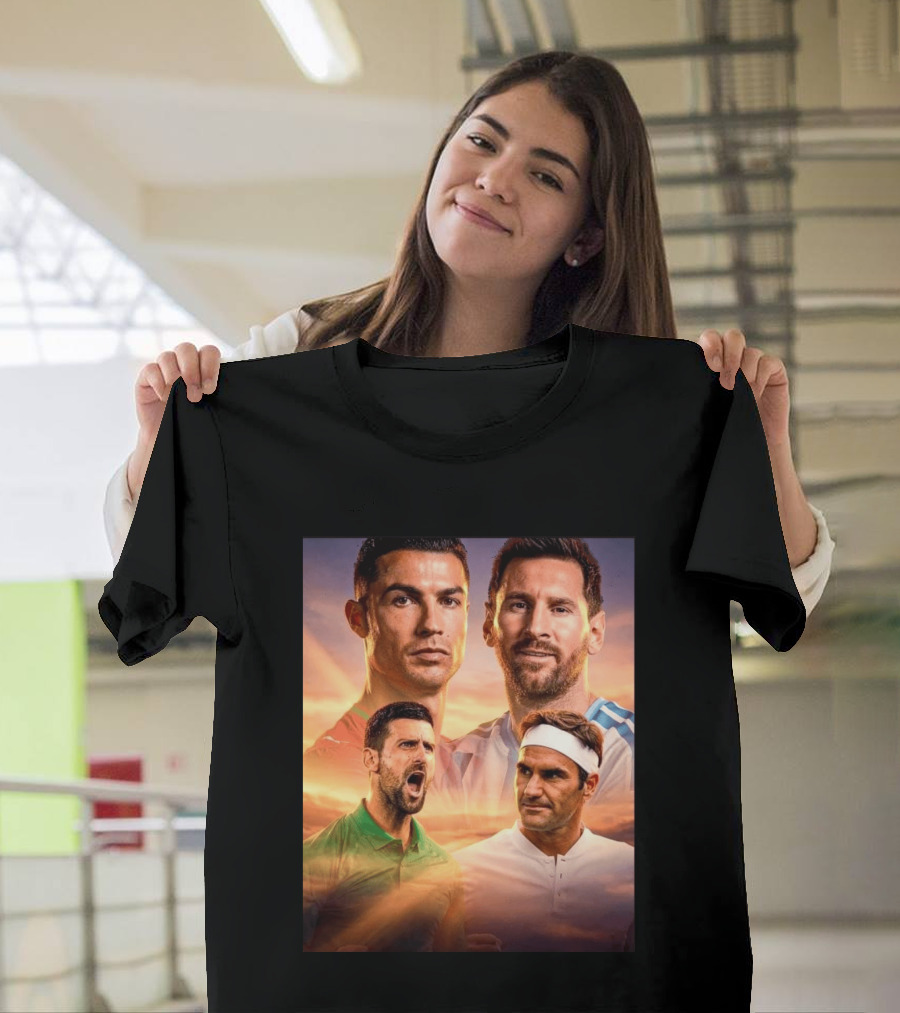 Cristiano Ronaldo Lionel Messi Novak Djokovic Roger Federer GOAT Sports Legends Celebrating Iconic Athletes T-Shirt
