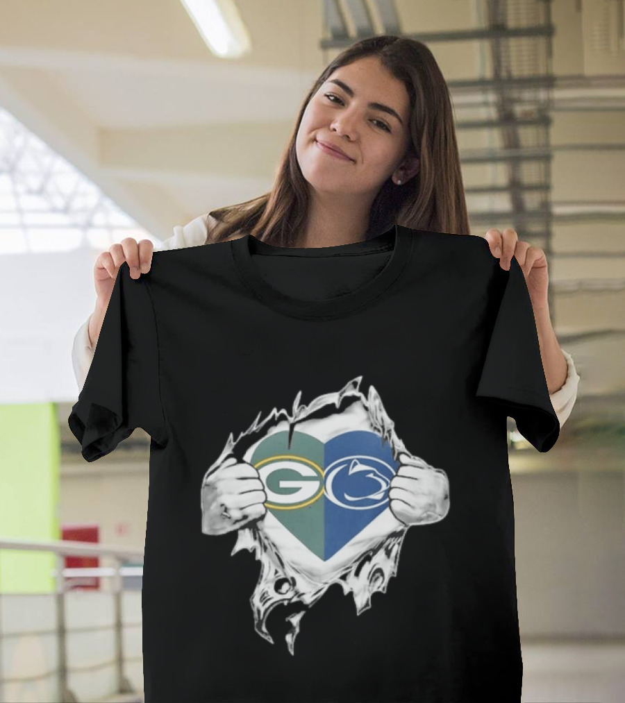 Packers Penn State Heart Icon Featuring Green Bay And Nittany Lions Logos T-Shirt