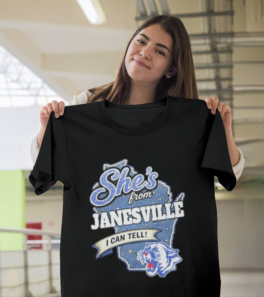 She's From Janesville I Can Tell With Wisconsin Map And Wildcat T-Shirt