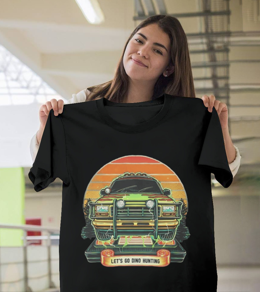 Jurassic Park Let's Go Dino Hunting Adventure Off Road Vehicle Sunset Scene T-Shirt