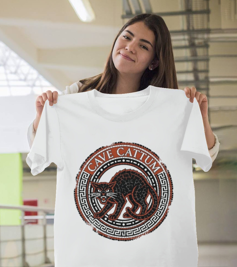 Cave Cattum Angry Cat Mosaic Roman Warning Sign T-Shirt