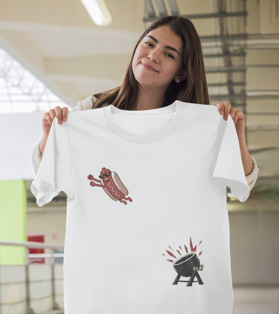 Hot Dog Jumping Into Grill Cartoon T-Shirt