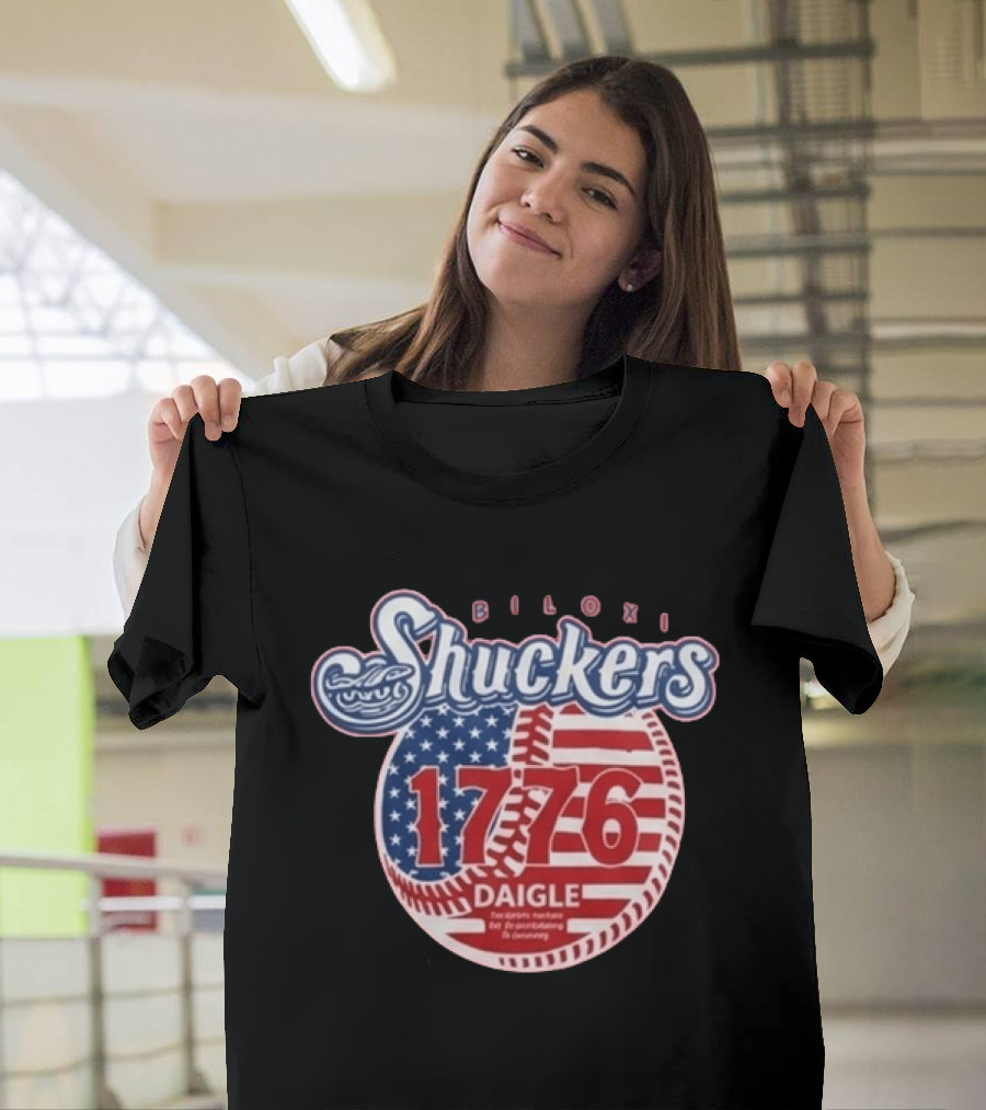 Biloxi Shuckers 1776 American Flag Baseball Daigle Text Stars Stripes T-Shirt