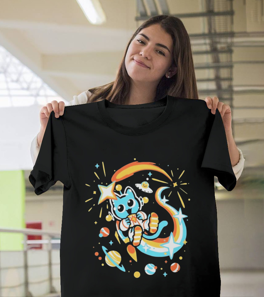 Cosmic Cat Cosmonaut Adventure In Stardust Space With Planets And Shooting Stars T-Shirt