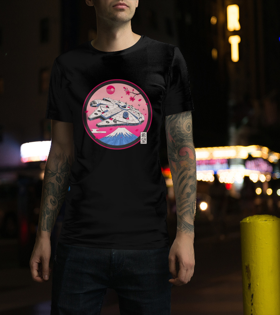 Millennium Falcon Over Fuji Cherry Blossoms Hope Kanji Circle T-Shirt