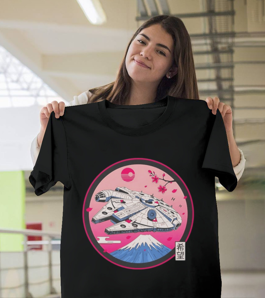 Millennium Falcon Over Fuji Cherry Blossoms Hope Kanji Circle T-Shirt