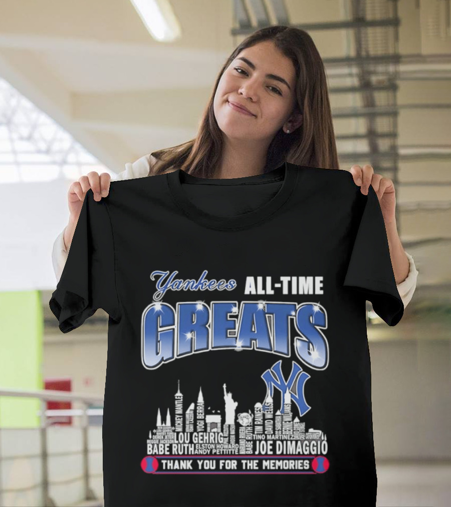 Yankees All Time Greats Lou Gehrig Babe Ruth Joe DiMaggio Derek Jeter MLB Skyline Yankees NY Thank You For The Memories T-Shirt