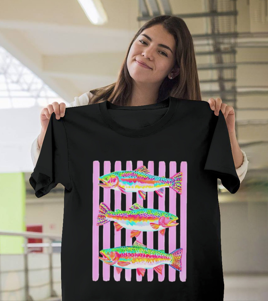 Rainbow Trout Fish Three Swimming Pink Vertical Striped T-Shirt