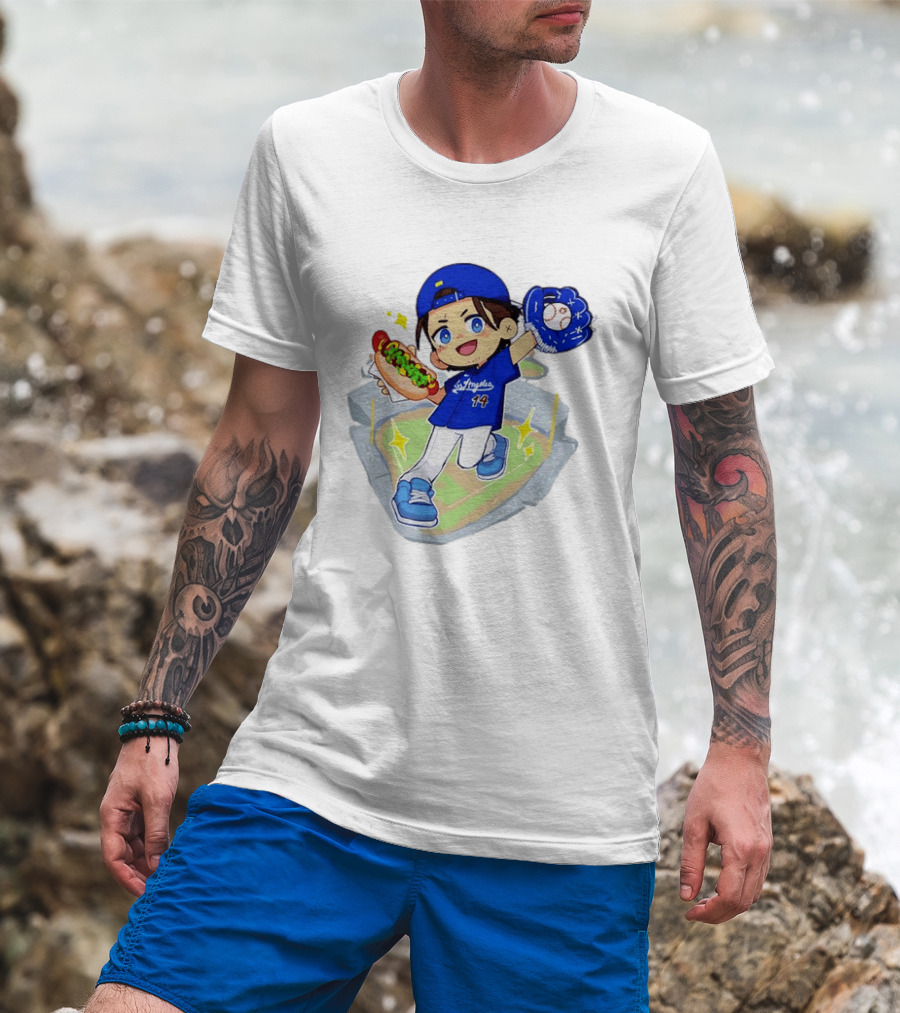 Enrique Hernandez Los Angeles Dodgers 14 Cartoon Style Baseball Glove And Hot Dog T-Shirt