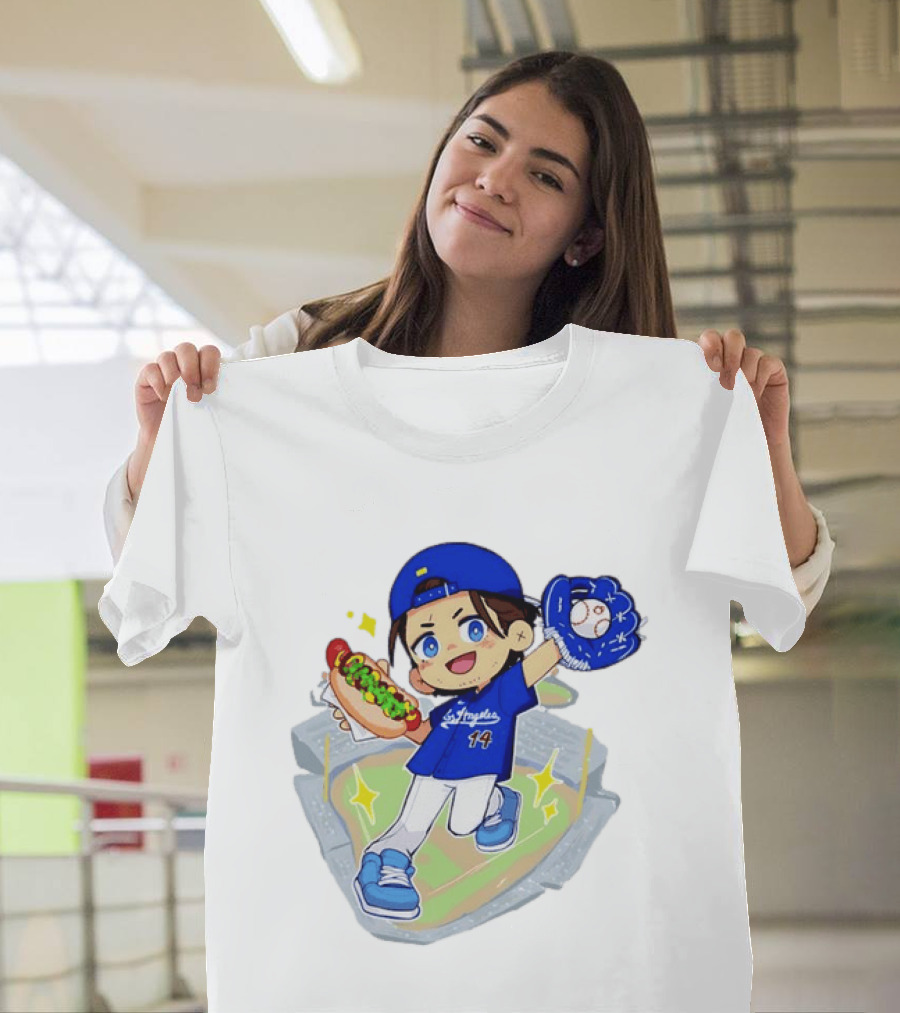 Enrique Hernandez Los Angeles Dodgers 14 Cartoon Style Baseball Glove And Hot Dog T-Shirt