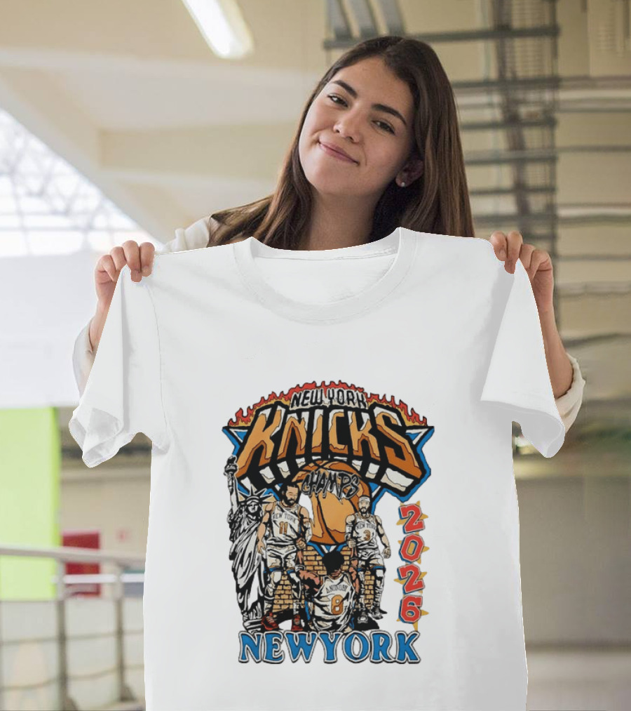 New York Knicks 2026 Champs Jalen Brunson OG Anunoby Josh Hart Statue Of Liberty T-Shirt