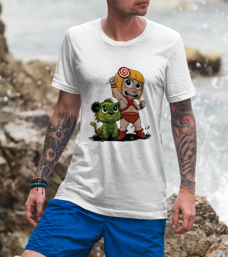 Master Of Kindergarten He Man Chibi With Tiger And Lollipop T-Shirt