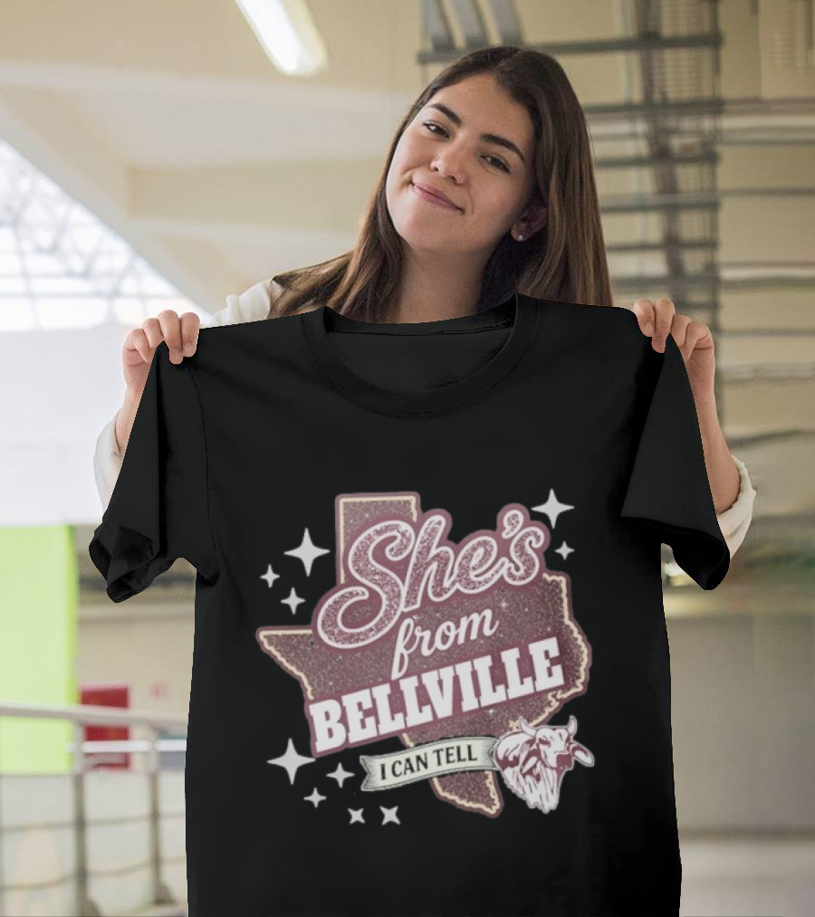 She's From Bellville I Can Tell Texas Map Stars Cowhead T-Shirt