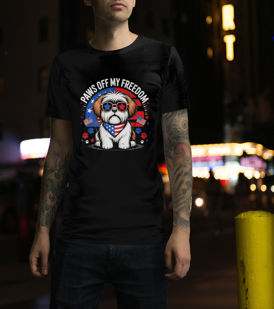 Paws Off My Freedom Shih Tzu American Flag Sunglasses Stars And Stripes T-Shirt