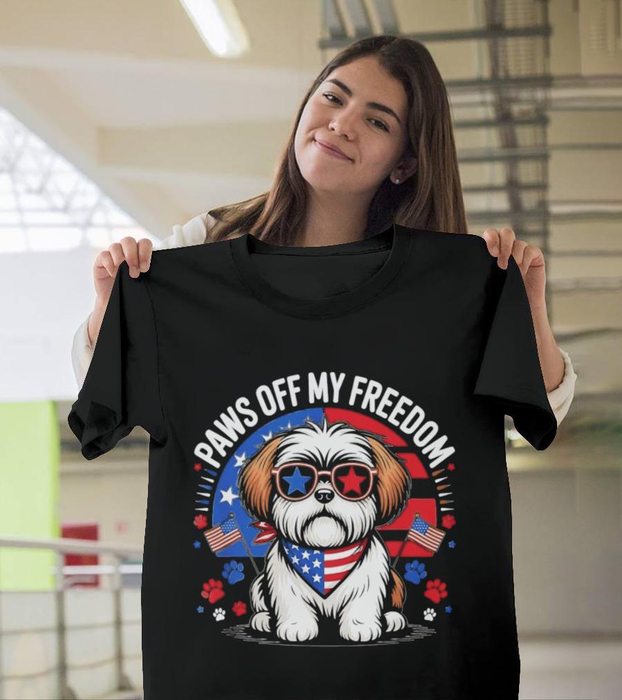 Paws Off My Freedom Shih Tzu American Flag Sunglasses Stars And Stripes T-Shirt
