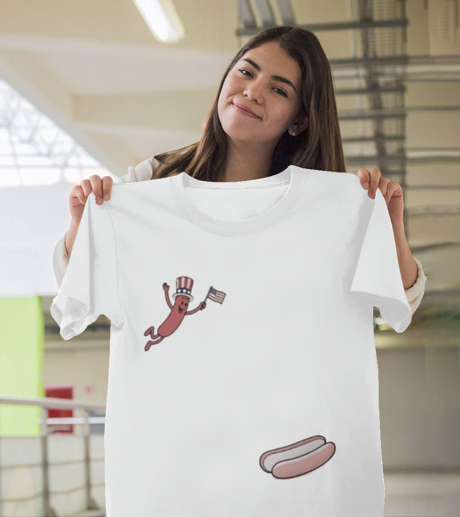 Hot Dog Wearing USA Flag Hat Jumping With American Spirit T-Shirt