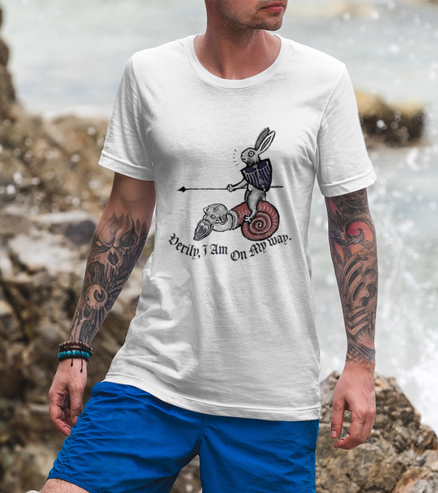 Verily I Am On My Way Knighted Rabbit Snail Medieval Marginalia T-Shirt