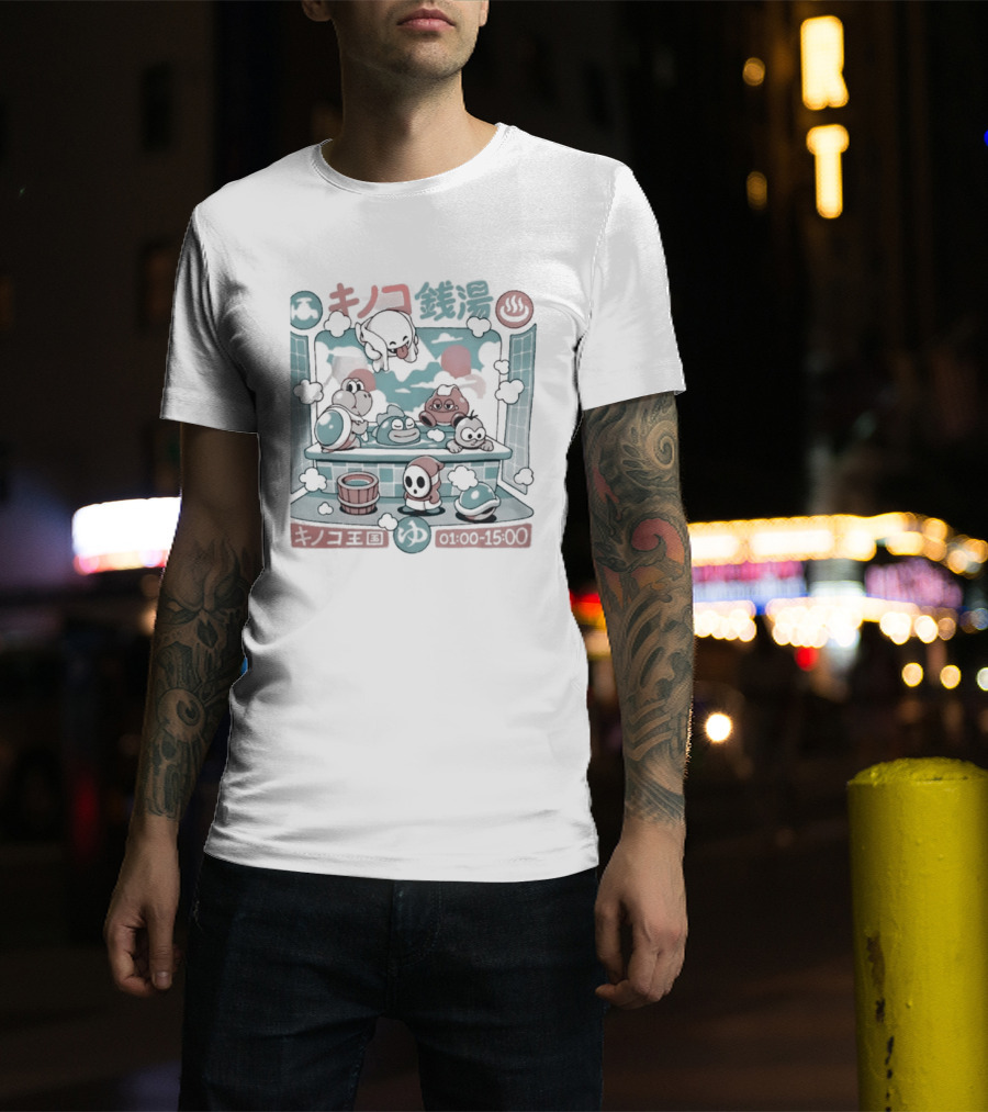 Mushroom Bathhouse Ilustrata Onsen Adventure Kanji Pixel T-Shirt