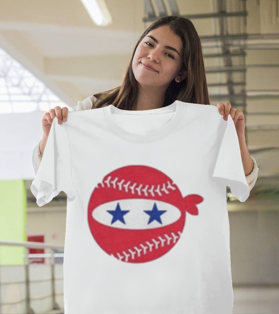 Pitching Ninja Baseball Two Blue Stars Red Baseball Stitches T-Shirt