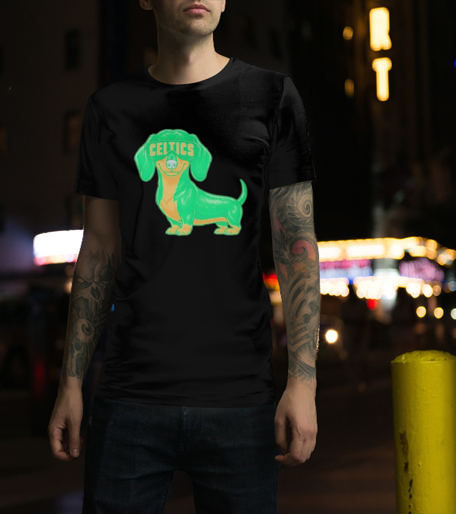 Boston Celtics Dachshund Cartoon Glasses T-Shirt