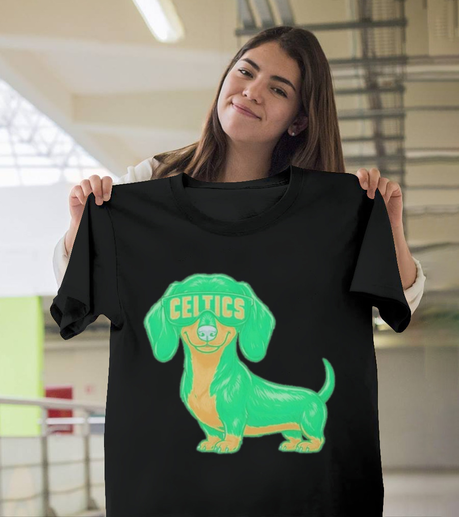 Boston Celtics Dachshund Cartoon Glasses T-Shirt