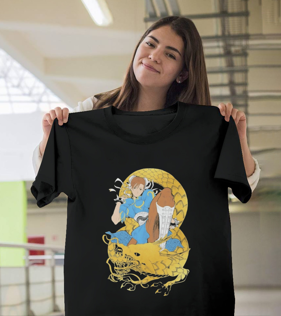 Chun Li Gold Dragon Kick Fighter Blue Outfit Gold Dragon T-Shirt