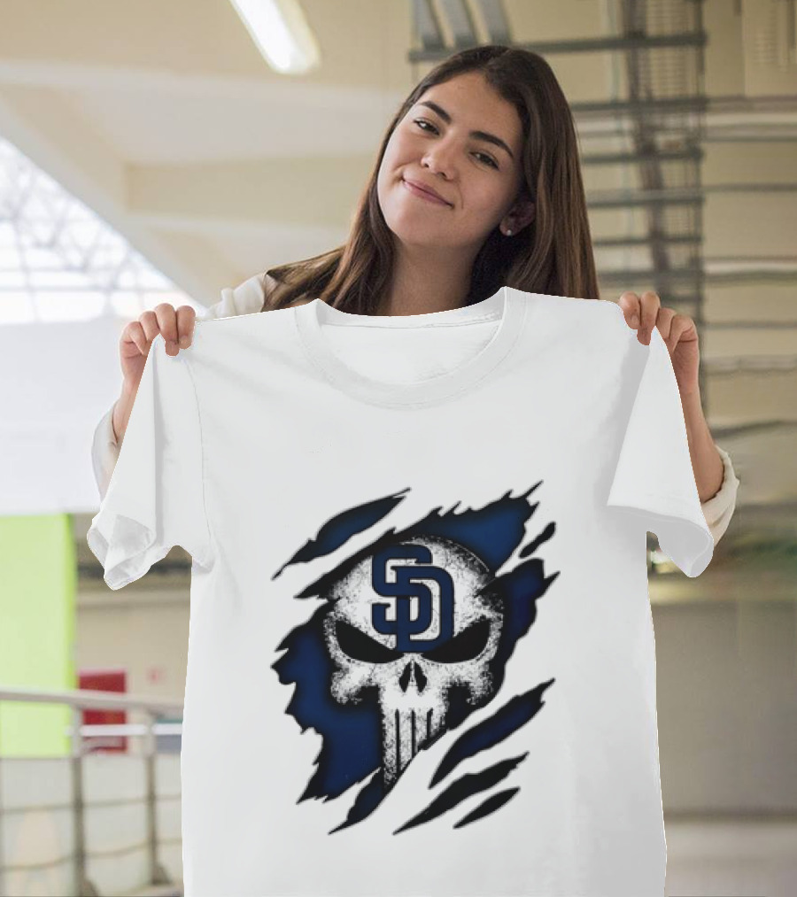 SD Punisher Skull Ripped Fabric San Diego Padres T-Shirt