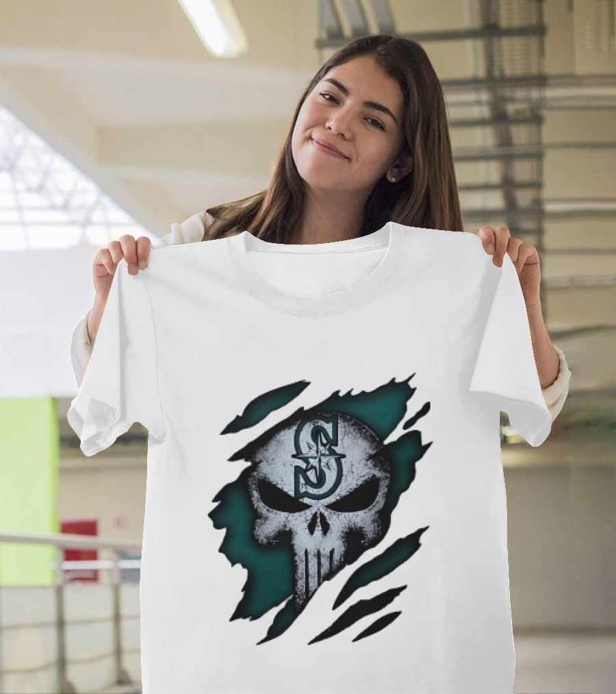 Seattle Mariners Punisher Skull Grunge Tear Effect T-Shirt
