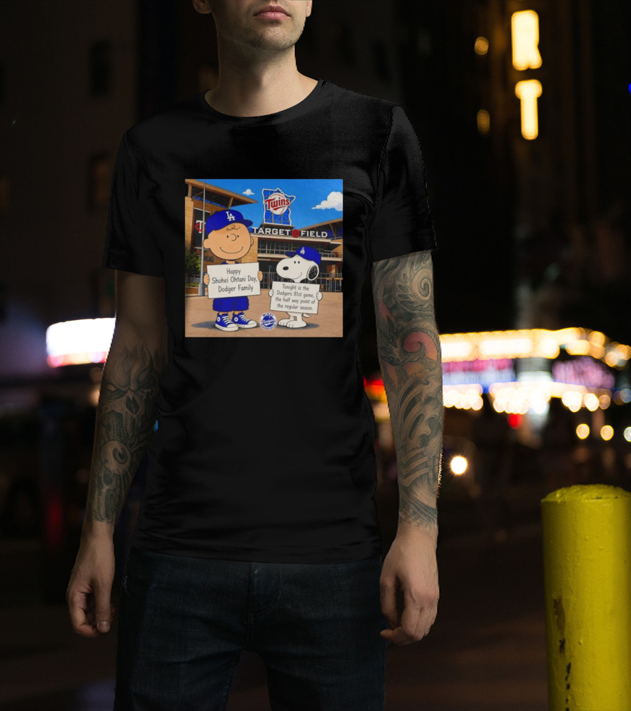 Snoopy And Charlie Brown Happy Shohei Ohtani Day Dodgers Twins Target Field T-Shirt