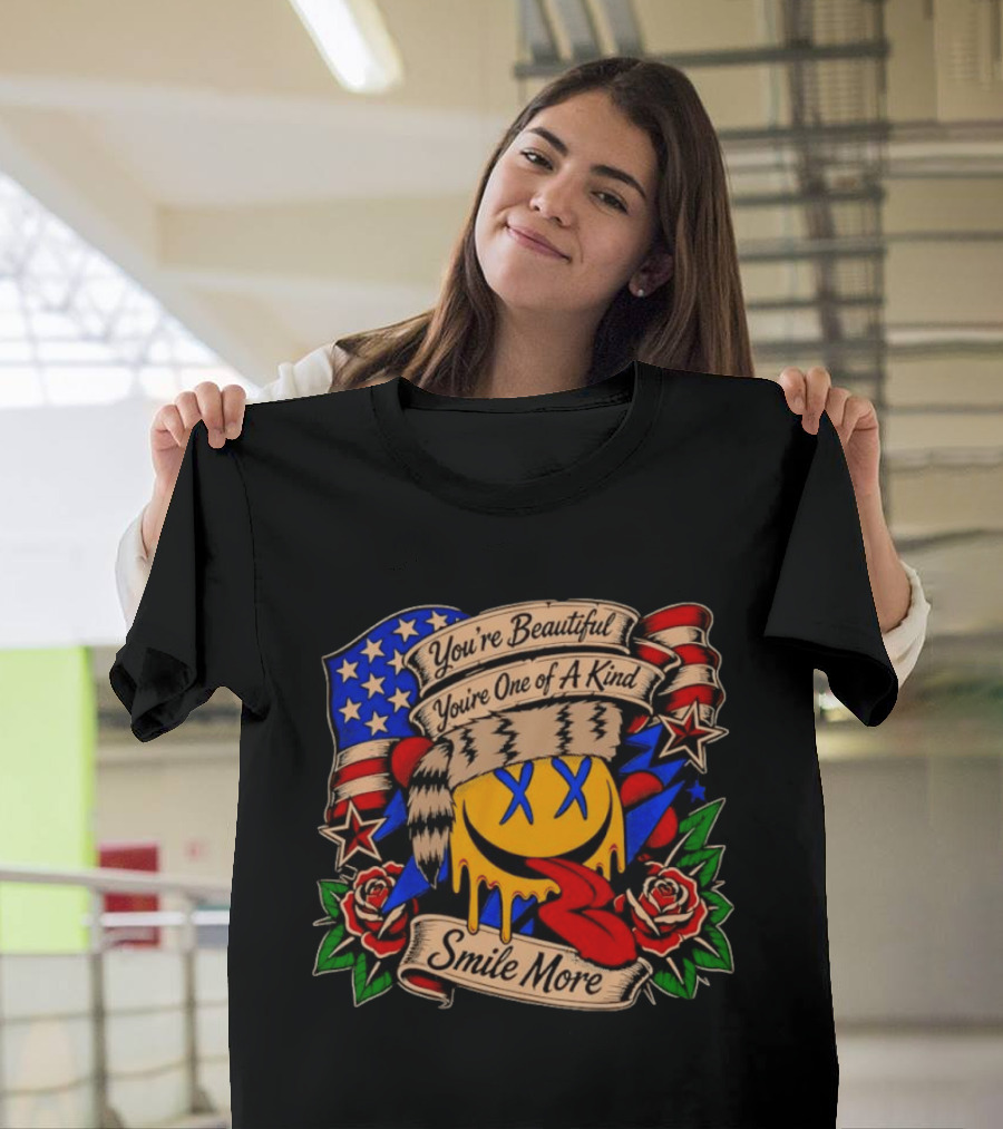 Smile More You're Beautiful You're One Of A Kind American Flag Roses Smiley Face T-Shirt