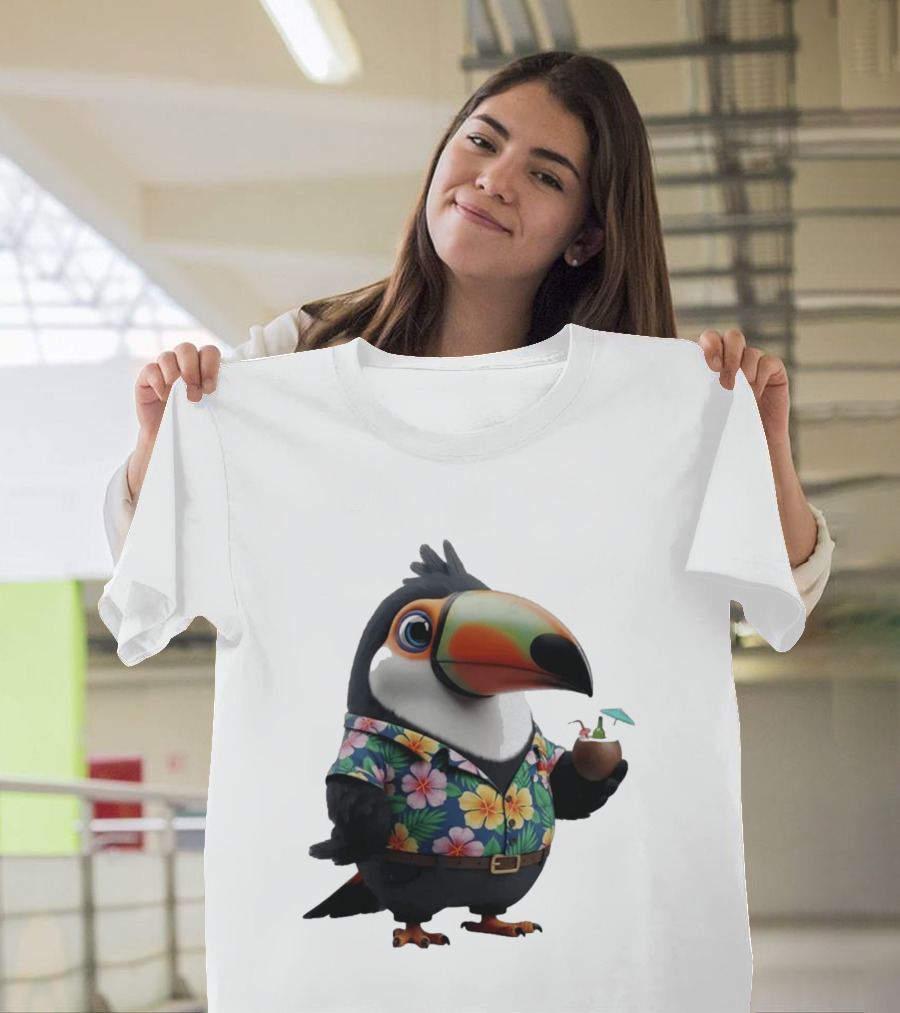 Cartoon Toucan In Hawaiian With Tropical Coconut Drink T-Shirt
