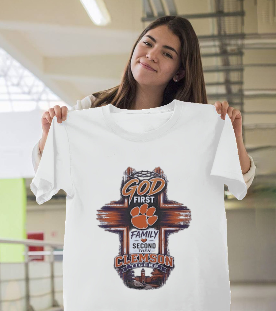 God First Family Second Then Clemson Tigers Paw Cross Tower T-Shirt