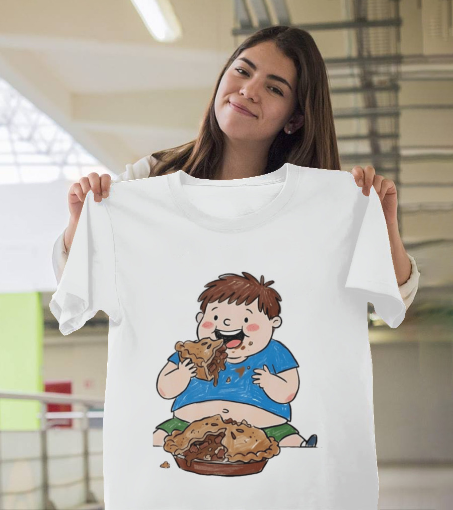Funny Eating Pies Cartoon Boy Indulging In Delicious Pastry T-Shirt