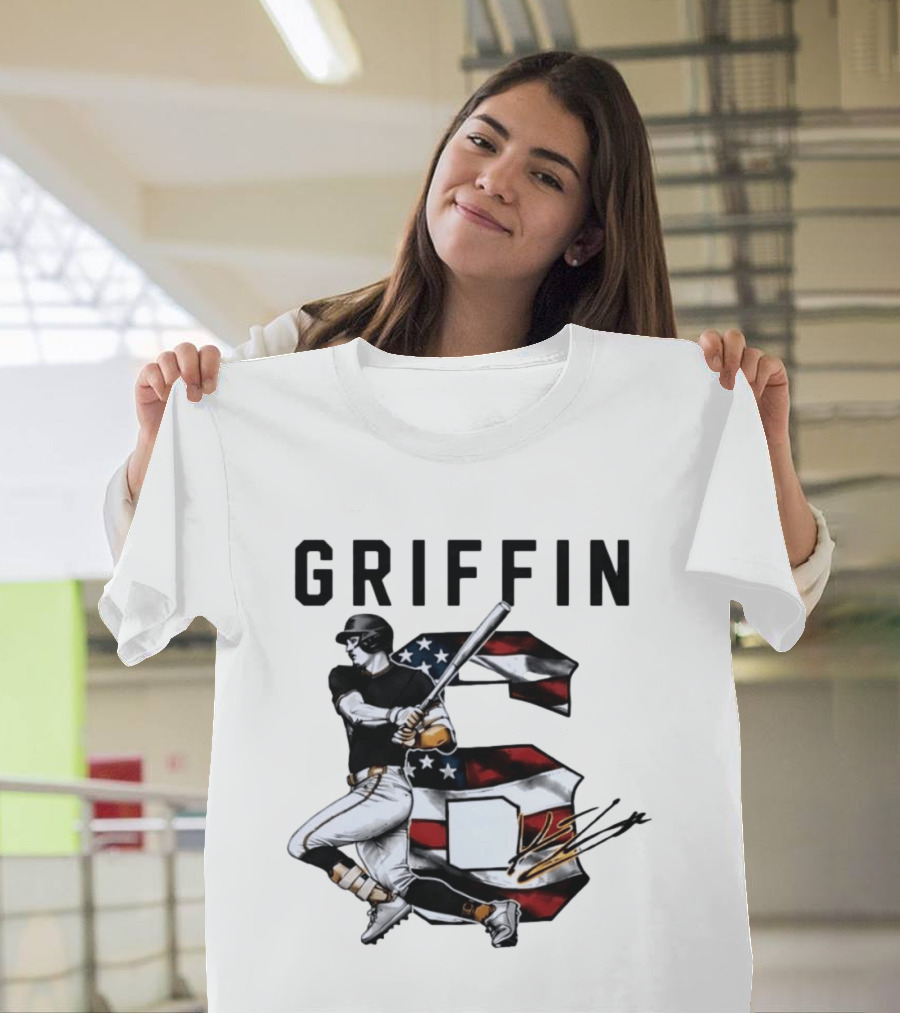 Griffin Baseball Player Swinging Bat American Flag Number 6 T-Shirt