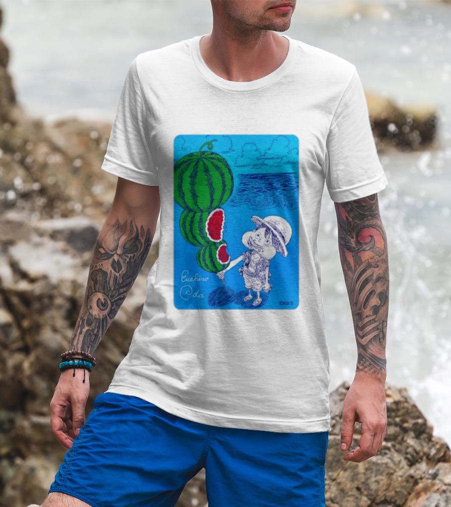 Monkey D Luffy Watermelon Eating Art By Eiichiro Oda One Piece Ocean Scene T-Shirt