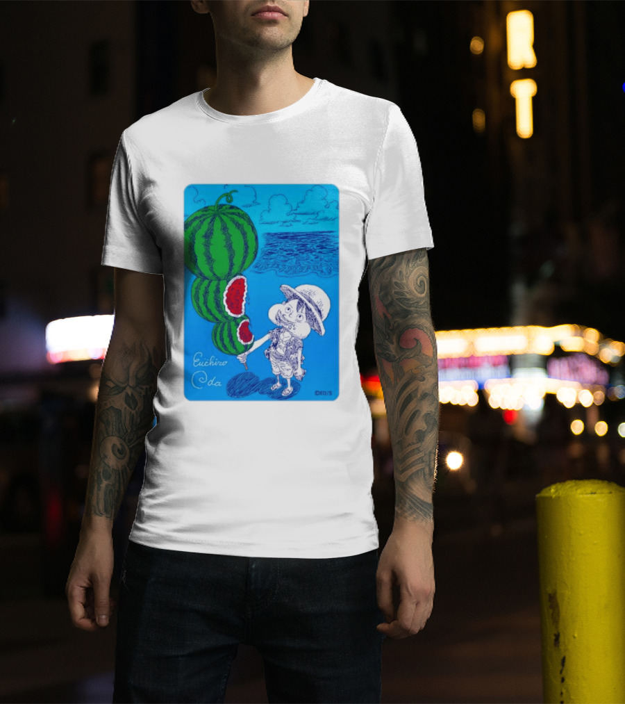 Monkey D Luffy Watermelon Eating Art By Eiichiro Oda One Piece Ocean Scene T-Shirt