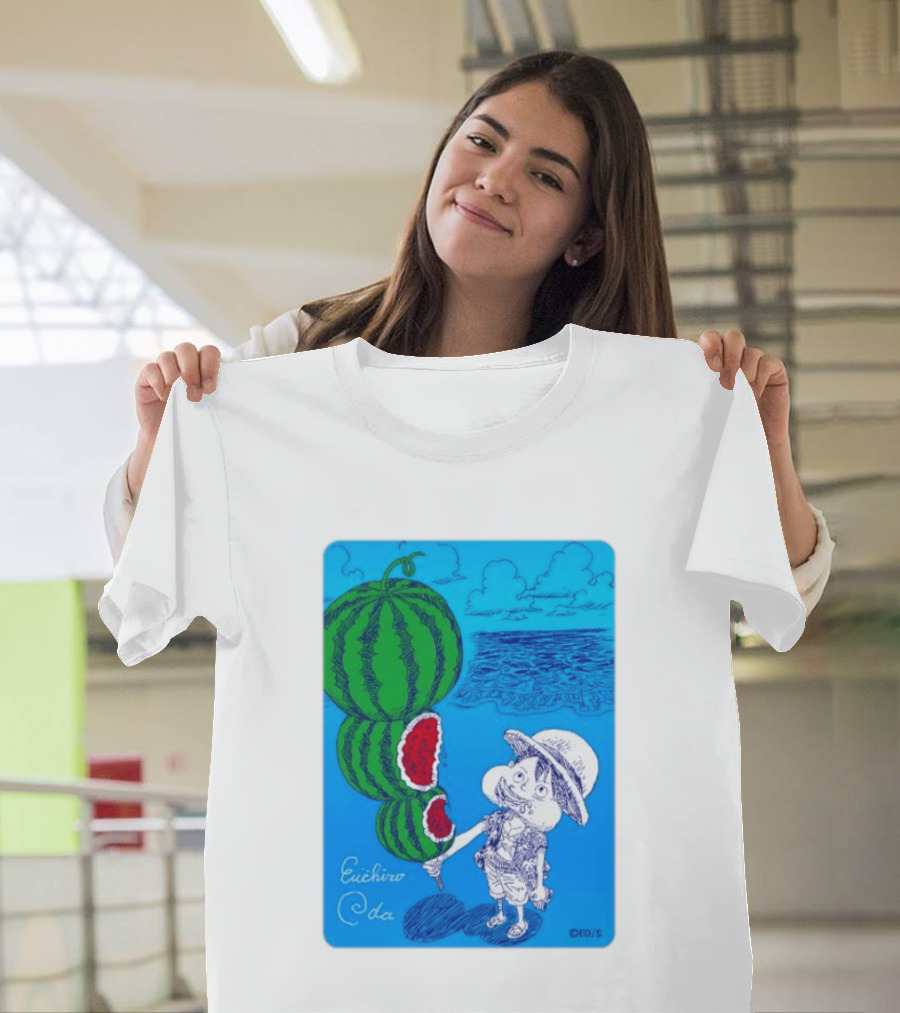 Monkey D Luffy Watermelon Eating Art By Eiichiro Oda One Piece Ocean Scene T-Shirt