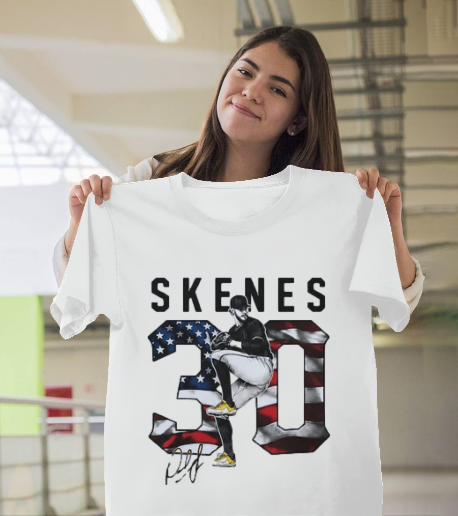 Skenes 30 Pitching Pose Pittsburgh Pirates American Flag Baseball T-Shirt
