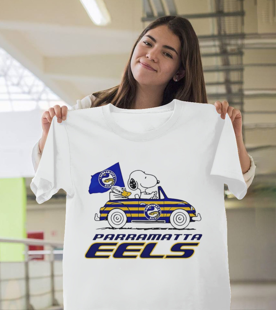 Snoopy Driving Car With Parramatta Eels Flag National Rugby League T-Shirt