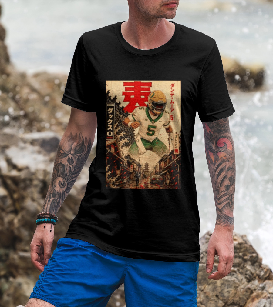 Dante Moore Number 5 Oregon Ducks Football Japanese Art Style Rugged City Scene T-Shirt