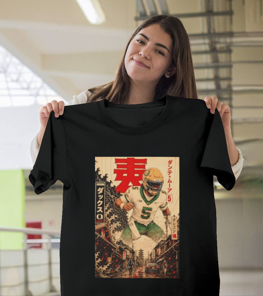 Dante Moore Number 5 Oregon Ducks Football Japanese Art Style Rugged City Scene T-Shirt