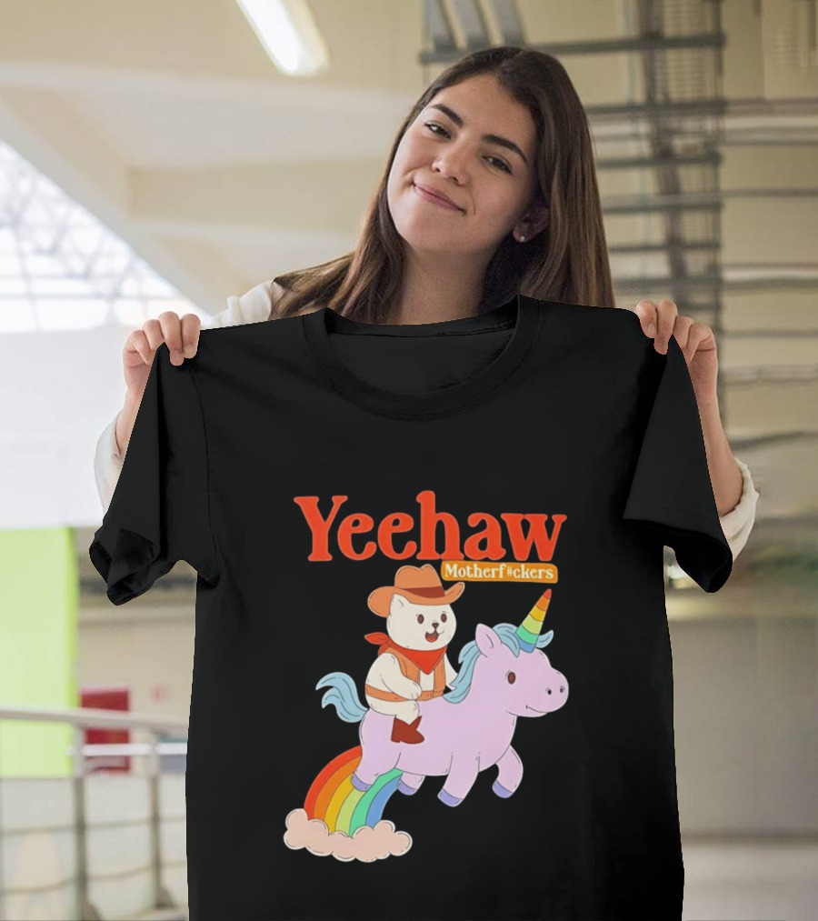 Yeehaw Motherfuckers Cat Cowboy On Rainbow Unicorn T-Shirt