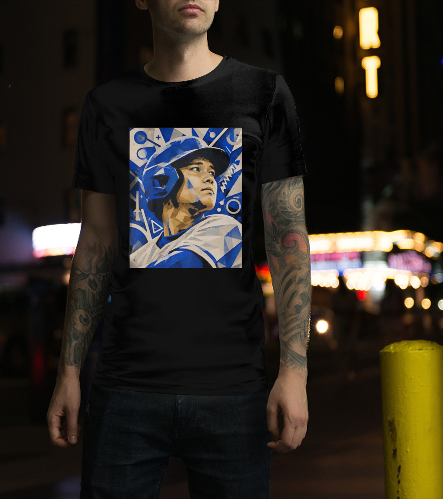 Baseball Player In Geometric Blue Abstract T-Shirt