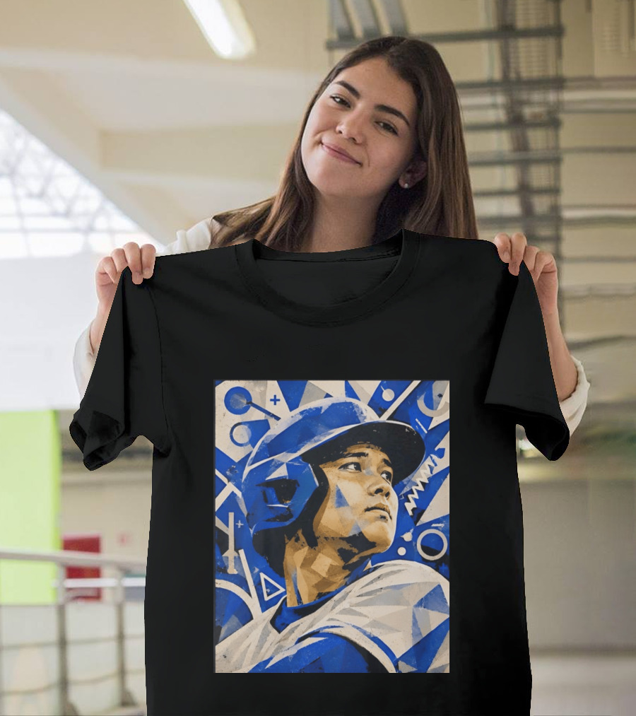 Baseball Player In Geometric Blue Abstract T-Shirt