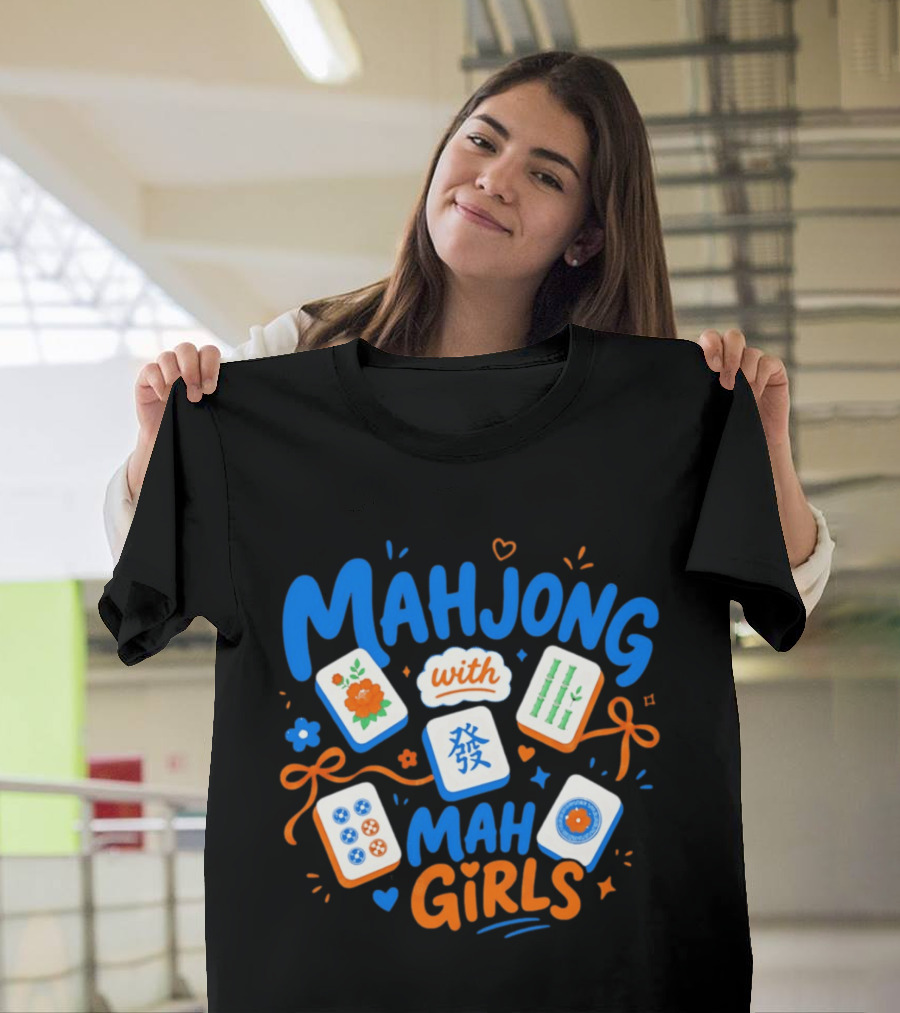 Mahjong With Mah Girls Flower And Bamboo Tiles Game Night T-Shirt