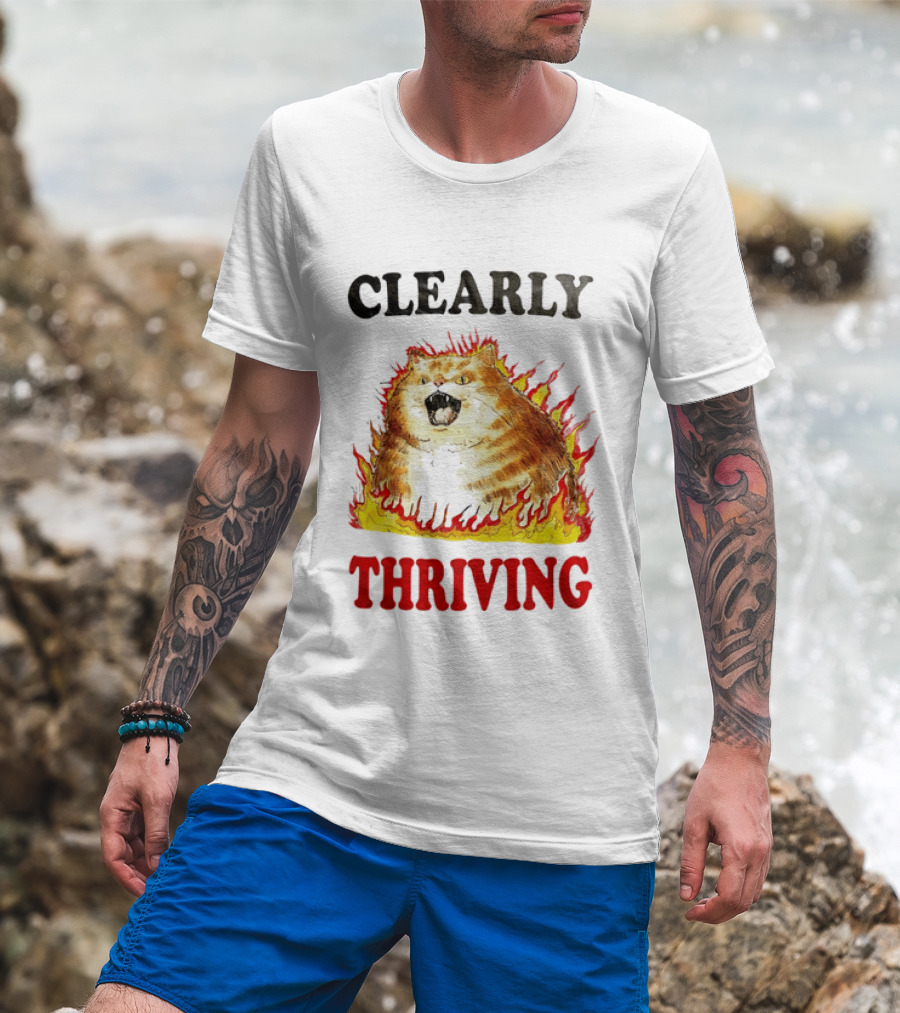 Clearly Thriving Fat Orange Tabby Cat Flames T-Shirt