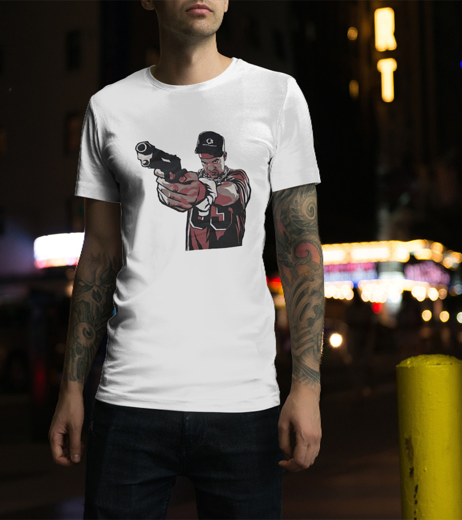Man Pointing Gun Graphic With Number 89 And Hat Logo Codestructor T-Shirt